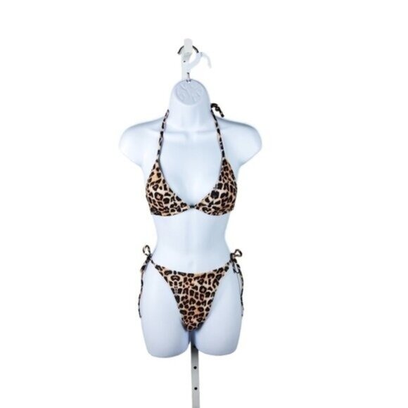 Leopard Print Triangle String Bikini Swimsuit Tan & Black Size Small - Picture 1 of 5